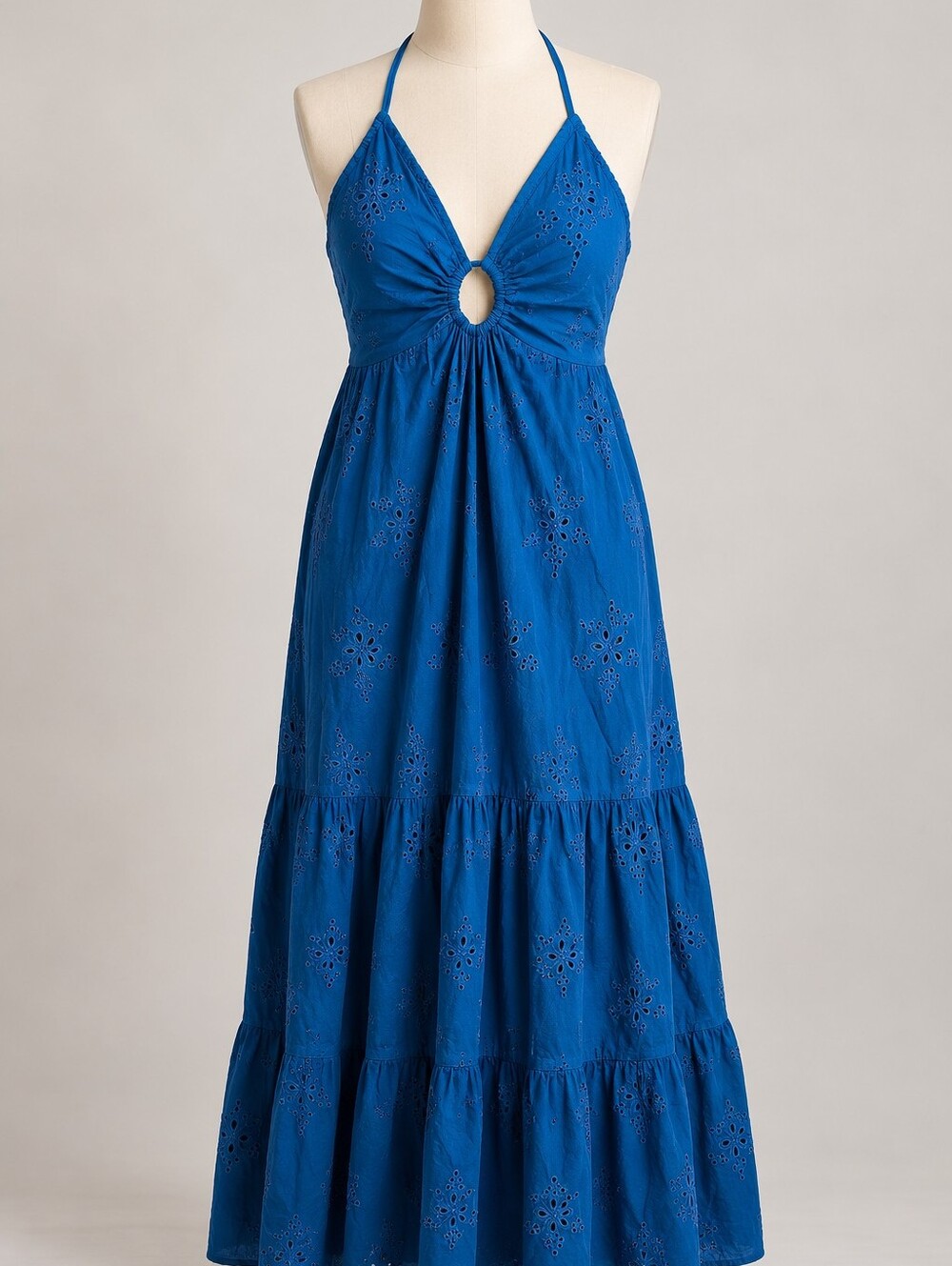 H&M Cobalt Blue Floral Eyelet Embroidered Halter Maxi Dress Size L